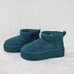 Ego Flashy fx Fur Lined Winter Platform Ankle Boots Booties Green Rhinestones